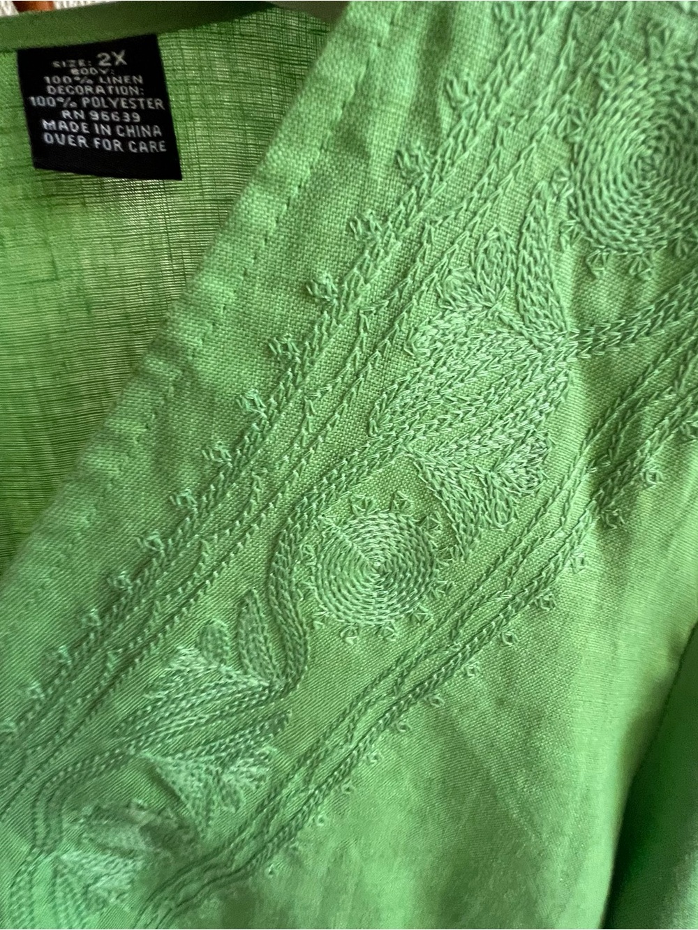 Carole Little Green Top 2X Solid Embroidered Vneck 3/4 Slv Pullover Shirt - Picture 8 of 10